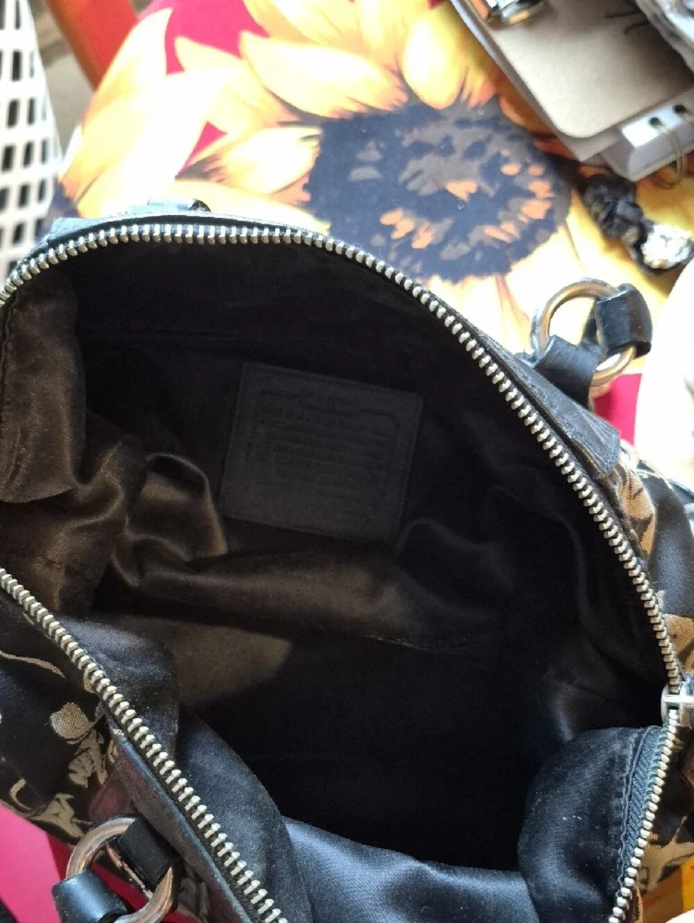 Coach Black and Cream Signature Satchel with Script & Carriage Print